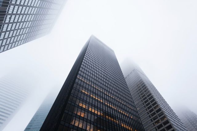 the Seagram Building on a foggy day